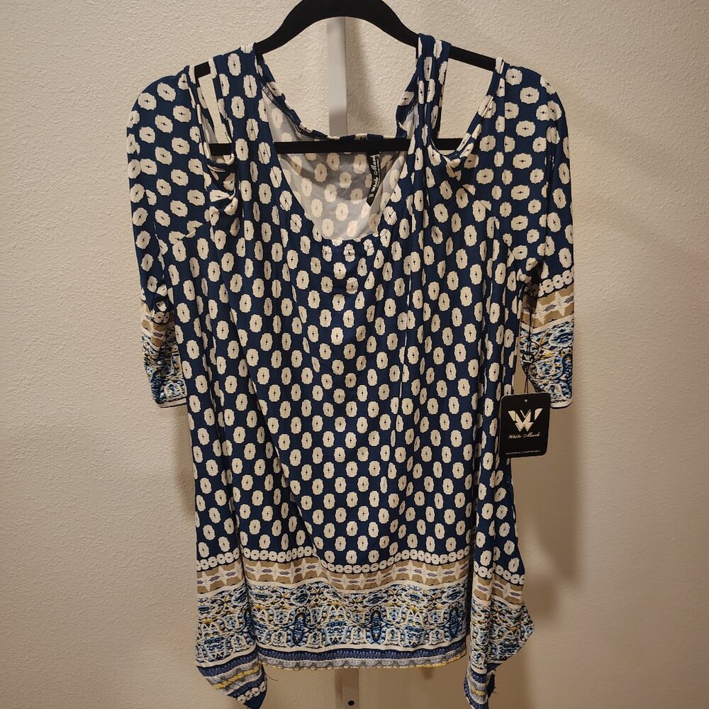 White Mark Women's Cold Shoulder Top Size 3XL NWT 3/4 Sleeve Polka Dots Blue